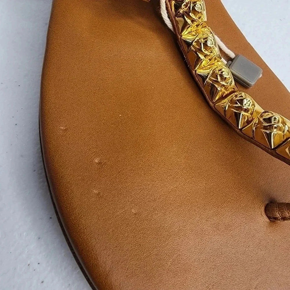 Stuart Weiztman Brown Leather Gold Rose Appliqué Thong Sandals Flats Size 36 - Picture 8 of 8